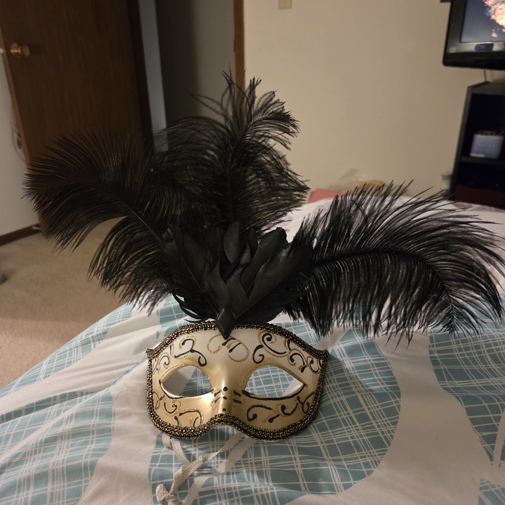 Elegant Black and Gold Feathered Masquerade Mask